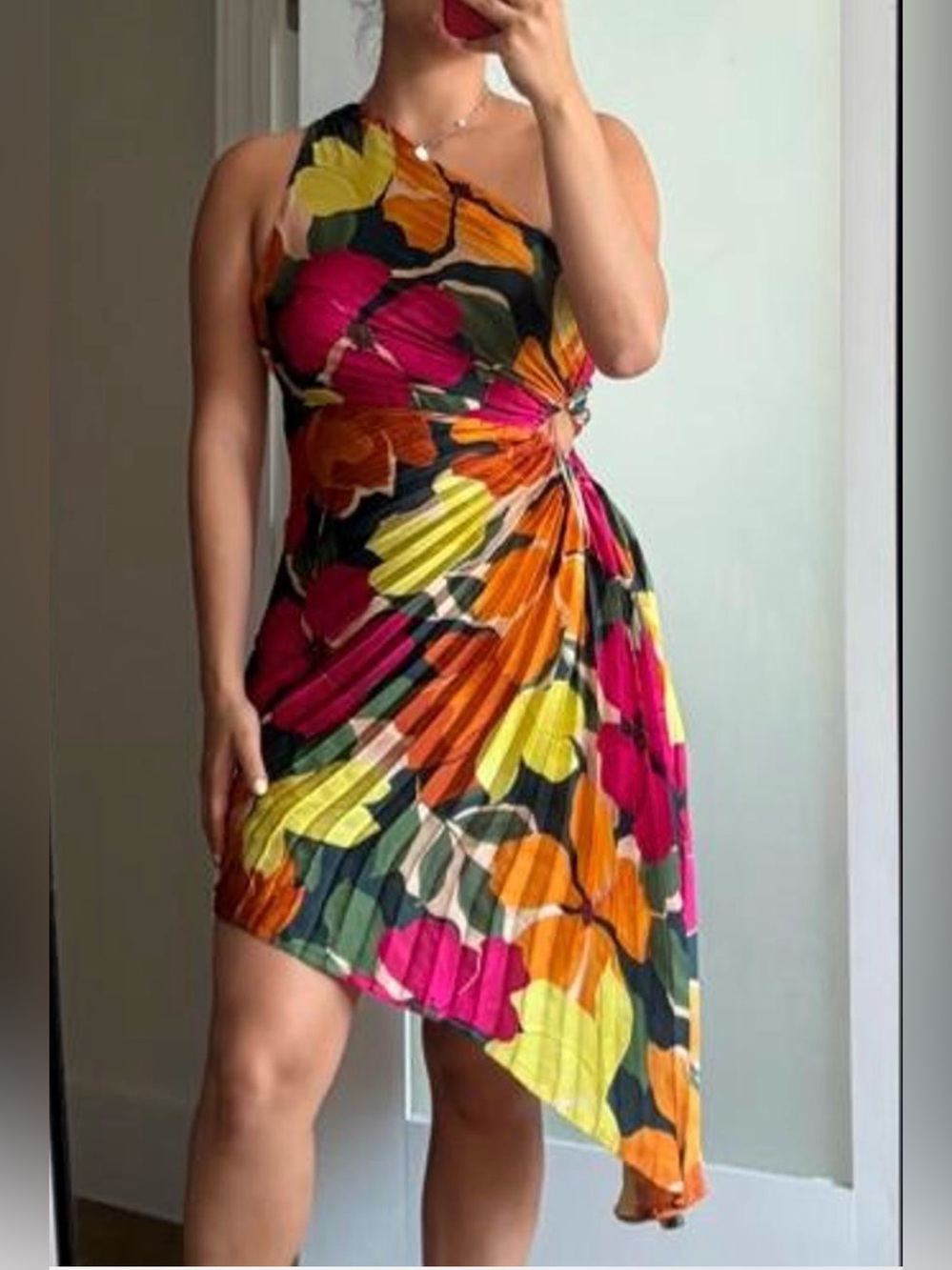 Dress Forum One-Shoulder Asymmetrical Floral Dress in Pink, Orange & Yellow